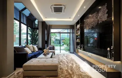 Luxurious modern living room with plush carpet and garden view