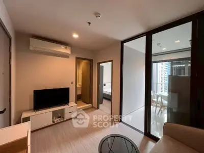 Modern living room with balcony view in a stylish apartment