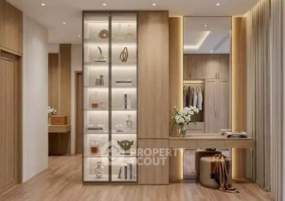 Luxurious modern living room with elegant wooden decor and ambient lighting