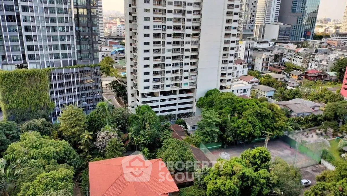 Stunning cityscape view with modern high-rise buildings and lush greenery