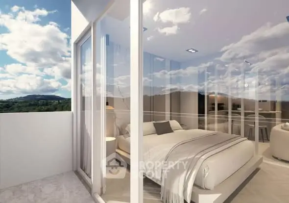 Luxurious bedroom with floor-to-ceiling windows offering stunning views of nature.