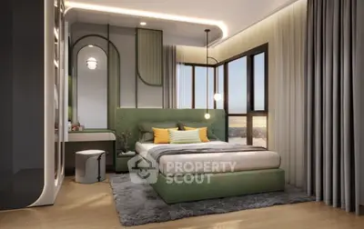 Luxurious modern bedroom with panoramic window and stylish decor