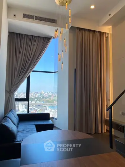 Luxurious high-rise living room with stunning city view and elegant decor