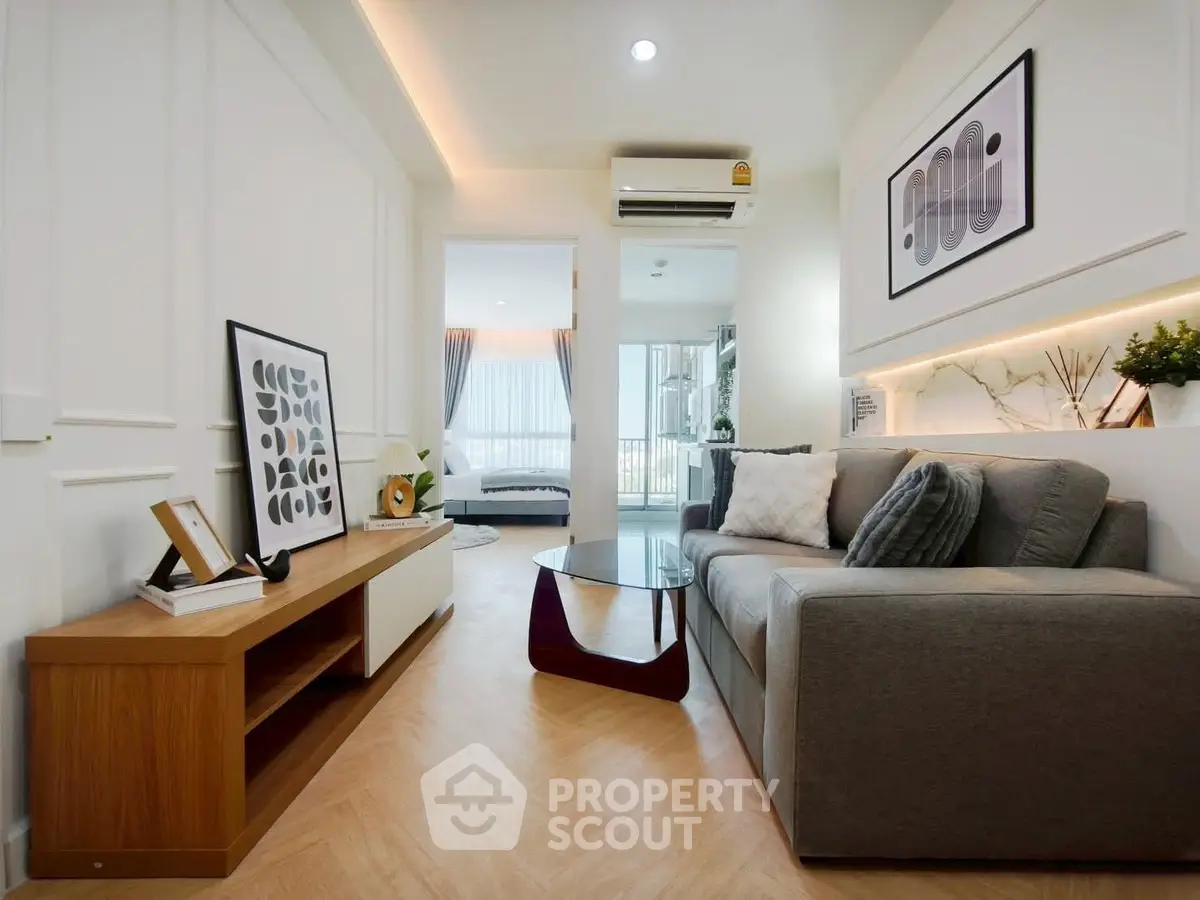 Modern living room with stylish decor and cozy seating area