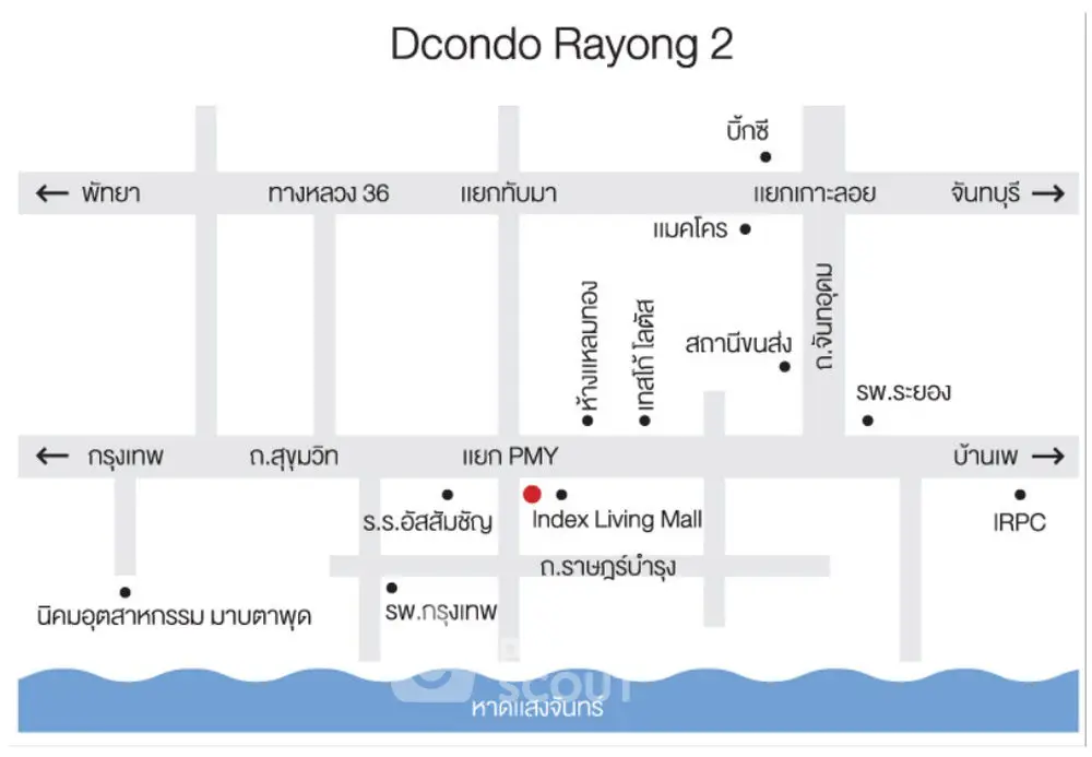 Map showing location of Dcondo Rayong 2 near Index Living Mall and Sukhumvit Road.