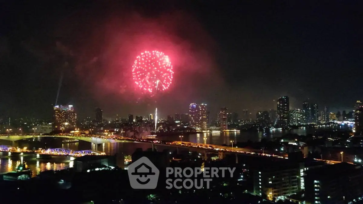 Stunning city skyline with vibrant fireworks illuminating the night sky.