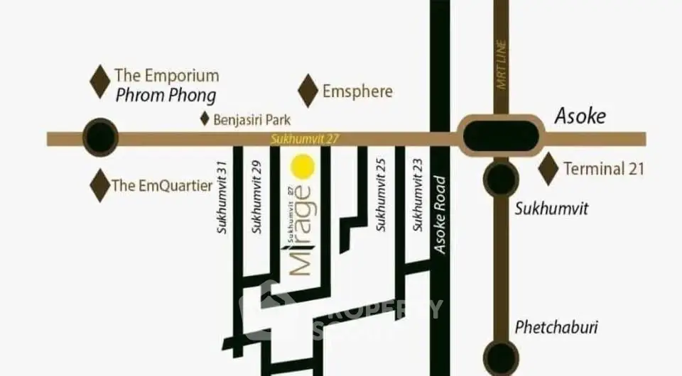 Map showing Mirage location near Sukhumvit, Asoke, and Phrom Phong in Bangkok.