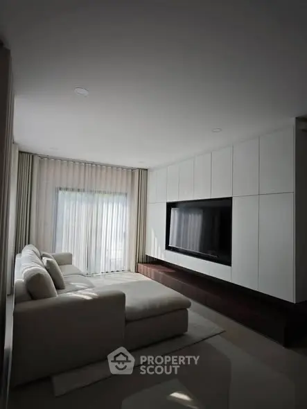 Modern living room with sleek furniture and large TV unit