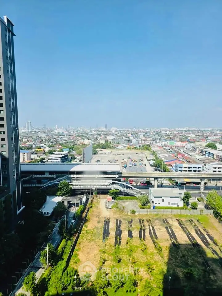 Stunning cityscape view from high-rise building showcasing urban landscape and clear blue sky.