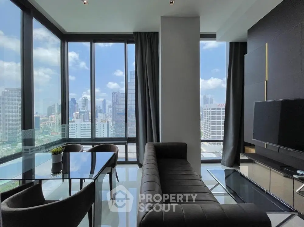 Modern living room with panoramic city view and sleek furniture