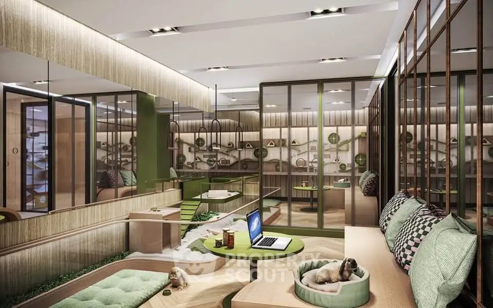 Luxurious pet-friendly living room with modern design and cozy seating area.