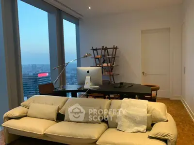 Luxurious modern living room with city view, stylish furniture, and elegant decor.