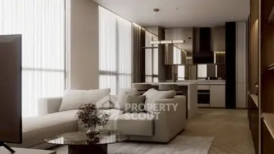 Luxurious modern living room with open kitchen and elegant decor