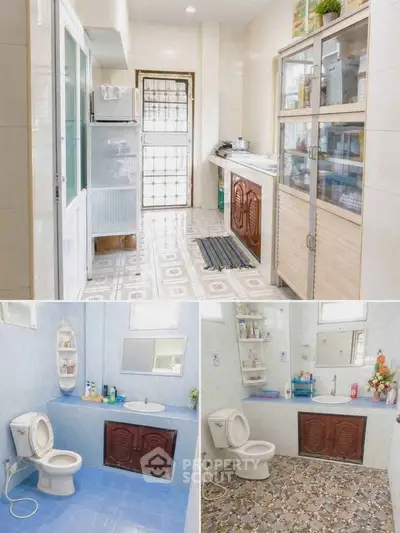Spacious kitchen and two bathrooms in a modern home with tiled floors and ample storage.