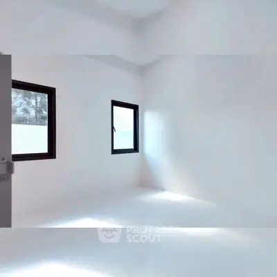 Bright empty room with two windows and white walls, perfect for customization.