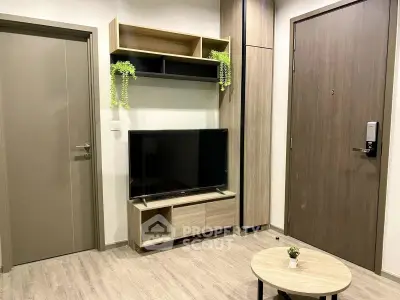 Modern living room with sleek TV stand and stylish decor