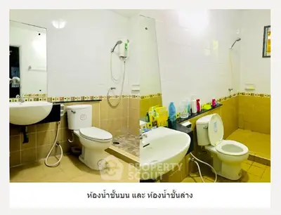 Modern bathroom with shower and toilet, featuring tiled walls and floor.