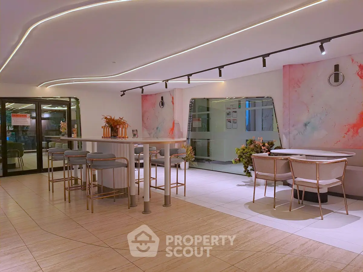 Modern co-working space with stylish decor and ambient lighting