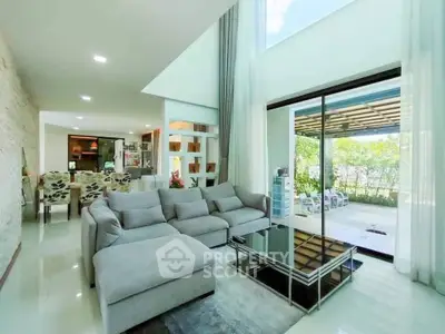 Spacious modern living room with large windows and outdoor view
