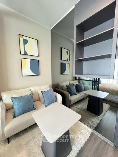 Modern living room with stylish decor and cozy seating area