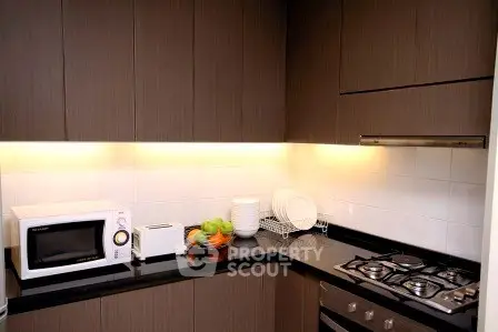 Modern kitchen with sleek cabinetry, gas stove, and microwave in a cozy corner layout.