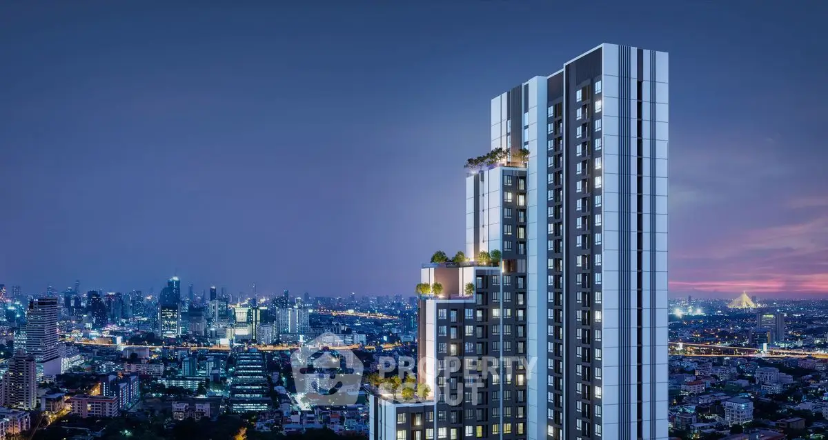 Stunning high-rise building with panoramic city skyline view at dusk.