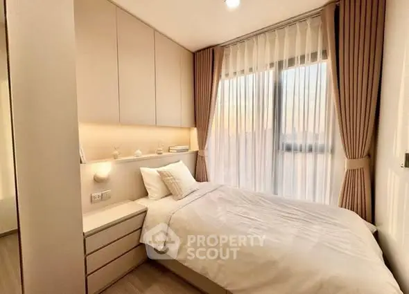 Cozy modern bedroom with elegant curtains and soft lighting