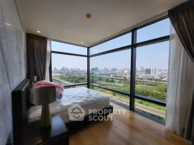 Luxurious bedroom with panoramic city view and floor-to-ceiling windows