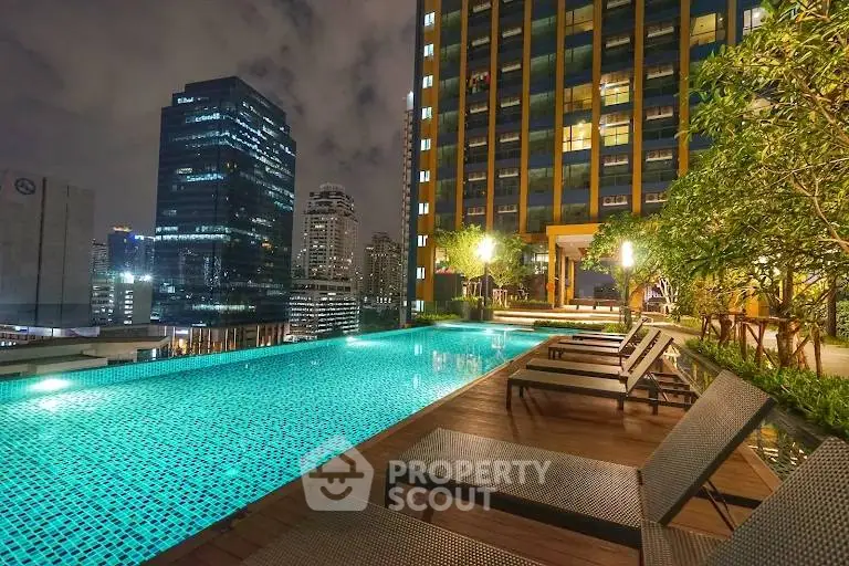 Luxurious rooftop pool with stunning city skyline views at night.