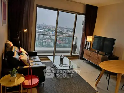 Stylish living room with city view, modern furniture, and natural light.