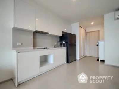 Modern minimalist kitchen with sleek white cabinets and stainless steel appliances