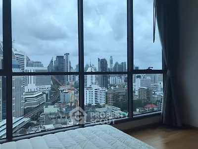 Stunning cityscape view from high-rise apartment window with modern skyline.