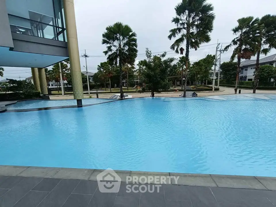 Luxurious outdoor pool area with palm trees and modern architecture, perfect for relaxation and leisure.