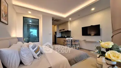 Modern bedroom with open layout kitchen and stylish decor