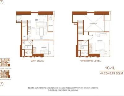 Modern apartment floor plan with main and furniture levels, showcasing efficient layout and spacious design.