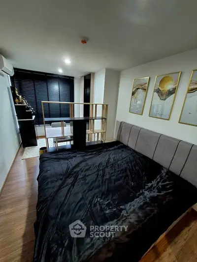 Modern bedroom with stylish decor and large bed in a cozy apartment