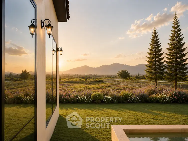 Stunning countryside villa with lush garden and mountain views at sunset.