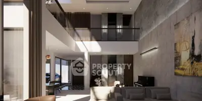 Luxurious modern living room with high ceilings and elegant decor