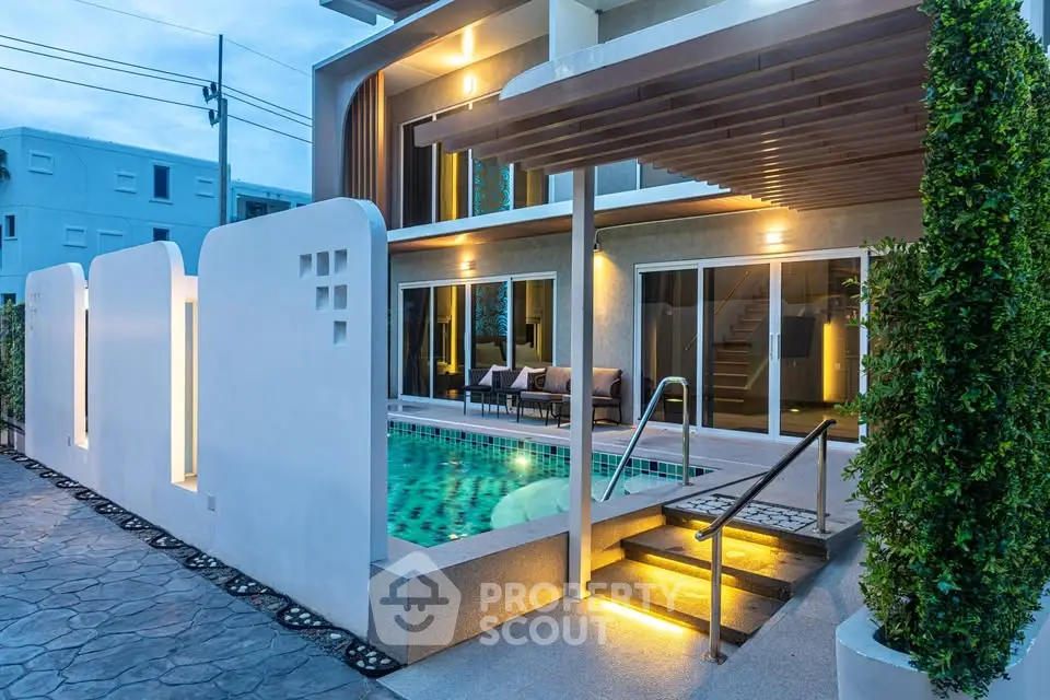 Luxurious modern villa with private pool and elegant lighting, perfect for serene living.