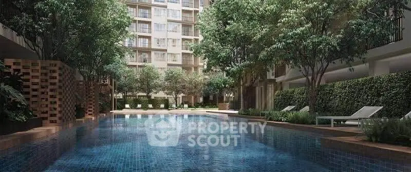 Luxurious residential pool area with lush greenery and modern architecture.