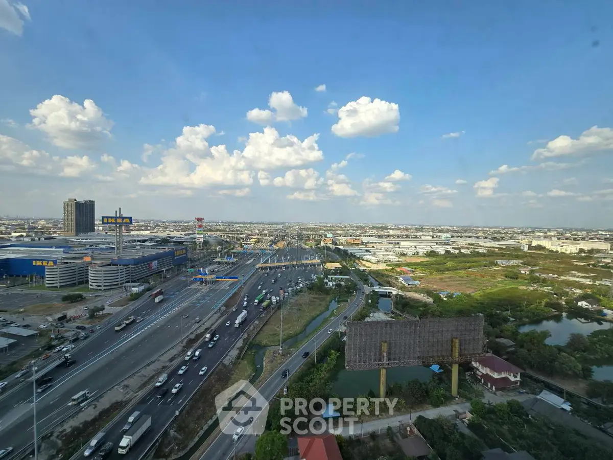 Stunning cityscape view from high-rise building showcasing expansive urban landscape and clear blue sky.
