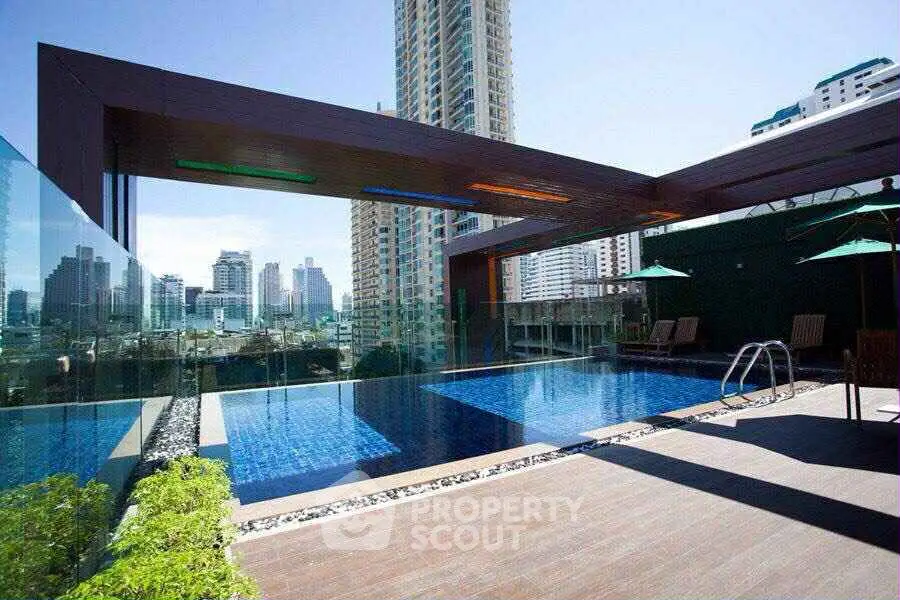 Luxurious rooftop pool with stunning city views in modern high-rise building.