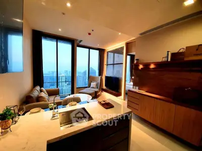 Luxurious living room with stunning city view and modern interior design