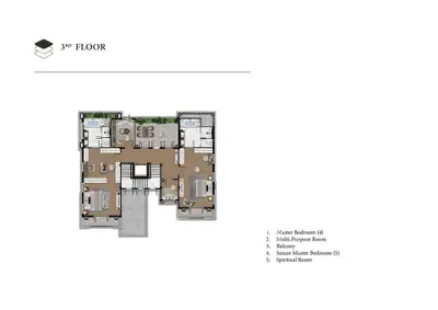 Detailed 3rd floor plan showcasing master bedroom, multi-purpose room, balcony, and spiritual room.