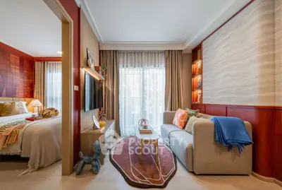 Stylish living room with modern decor and cozy bedroom view