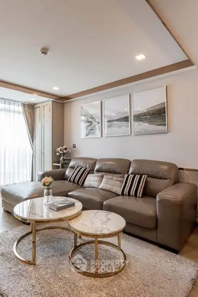 Elegant living room with leather sofa and stylish coffee tables
