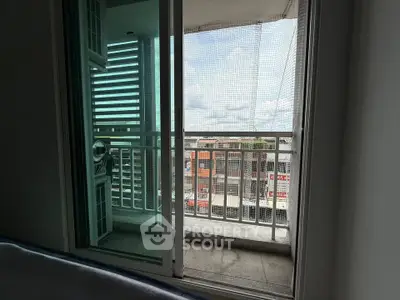 Spacious balcony with city view from modern apartment