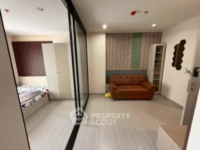 Modern apartment interior with sliding glass doors and stylish decor
