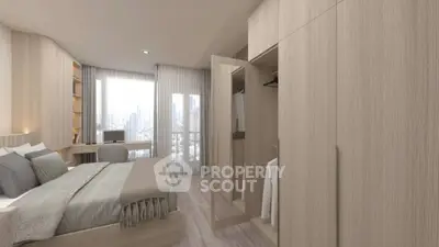 Modern bedroom with city view, featuring sleek wooden furniture and ample natural light.