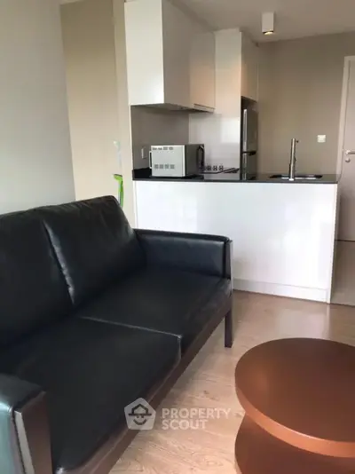 Modern apartment living room with sleek black sofa and compact kitchen area.